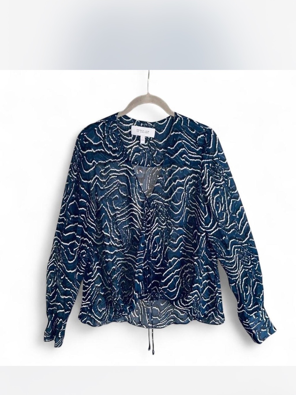 Boho chic Sheer Abstract Derek Lam 10 Navy  and White  Drawstring Blouse Size 8